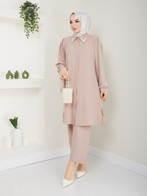 Yakası Ve Manşeti İnci Boncuklu Büyük Beden İkili Takım