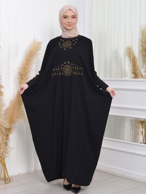 Taşlı Işlemeli Yarasa Kollu Abiye Elbise