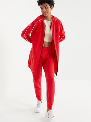 A.kırmızı Kapüşonlu Fermuarlı Kolu Yazı Nakışlı Rahat Form Eşofman Tunik Takım