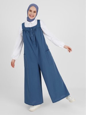 Düğme Detaylı Salaş Tulum İndigo Düğme Detaylı Salaş Tulum İndigo