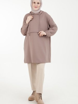Armine Trend Yandan Cepli Kolları Lastikli Kapüşonlu Tunik Vizon