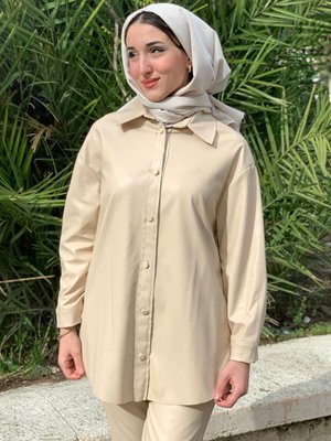 Bej Şardonlu Deri Ceket Gömlek