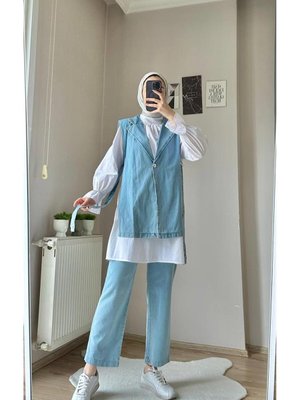 Düğme Detaylı Kot Tunik Pantolon Ve Gömlek Takım