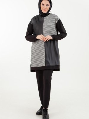 Deri Detaylı Kazayağı Desenli Siyah Tunik