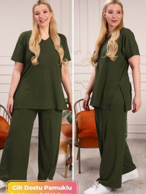 Büyük Beden Organik Pamuklu Eşofman Takımı Yandan Yırtmaçlı Fitilli Model Şık Takım Haki