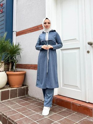 Kapüşonlu Fermuarlı Belden Beyaz Bağcıklı Sade Basic I?kili Spor Takımı I?ndigo Kapüşonlu Fermuarlı Belden Beyaz Bağcıklı Sade Basic I?kili Spor Takımı I?ndigo