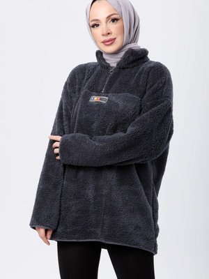 Antrasıt Yarım Fermuarlı Peluş Sweatshirt