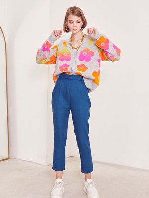 Petrol Kemerli Kumaş Pantolon