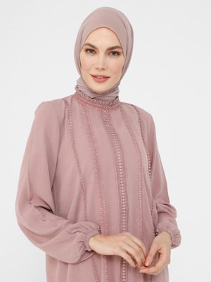 Doğal Kumaşlı Güpür Detaylı Tunik Koyu Gül