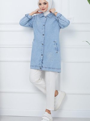 Taş Baskılı Kot Ceket Mavi Taş Baskılı Kot Ceket Mavi