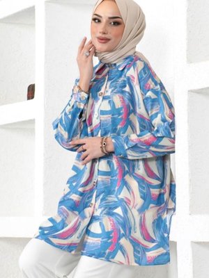 Kadın Mavi Desenli Gömlek Tunik T
