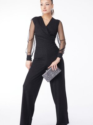 Sıyah Kruvaze Yaka Kollu Tül Detaylı Tulum