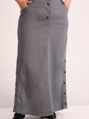 Gri Büyük Beden Yandan Düğmeli Uzun Kot Etek