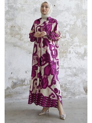 Fuşya Gömlek Yaka Desenli Viskon Elbise