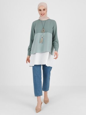 Kolye Detaylı Renk Bloklu Aerobin Tunik Çağla Ekru