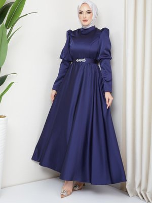 Balon Kol Saten Abiye Elbise Lacivert