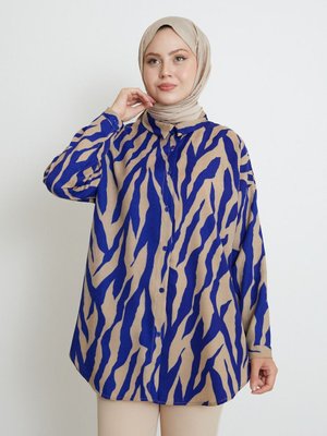 Desenli Keten Gömlek Saks Desenli Keten Gömlek Saks