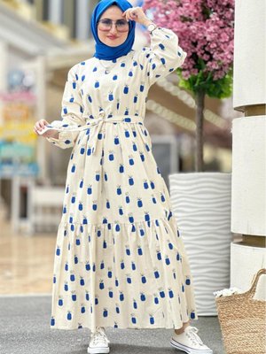 Keten Kumaş Ananas Desenli Uzun Elbise Mavi Keten Kumaş Ananas Desenli Uzun Elbise Mavi