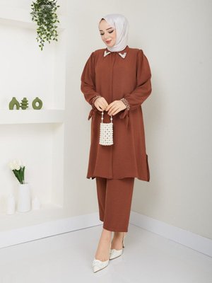 Yakası Ve Manşeti İnci Boncuklu Büyük Beden İkili Takım