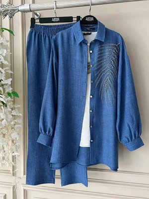 Kadın Gömlek Yaka Keten Takım