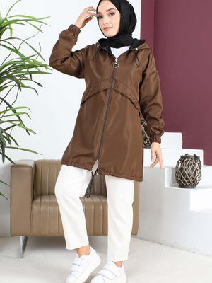 Kahverengi Fermuarlı Kapüşonlu Trençkot Kahverengi Fermuarlı Kapüşonlu Trençkot