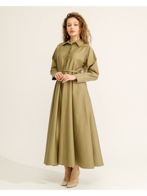 Yağ Yeşil Saten Pamuk Elbise