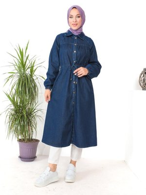 Düğme Detaylı Koyu Lacivert Kot Kap