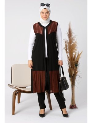 Kahverengi Kadin Buyuk Beden Transparan Taşlı Uzun Yelek