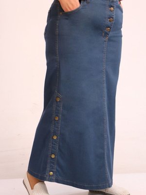 Yeşil Büyük Beden Yandan Düğmeli Petrol Uzun Kot Etek