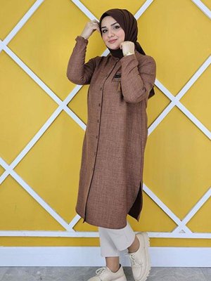 Kadın Hakim Yaka Püskül Ve Şerit Detaylı Keten Tesettür Gömlek