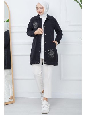 Siyah Taş Baskılı Kot Ceket Siyah Taş Baskılı Kot Ceket