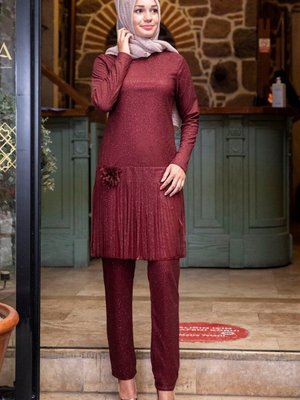 Bordo Pırıl Simli Takım