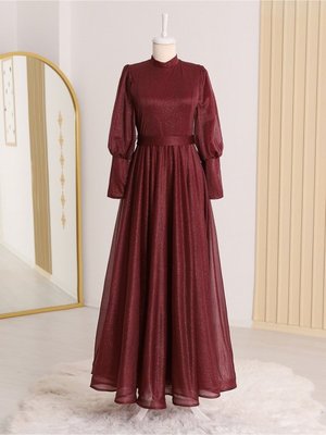 Balon Kol Simli Tül Abiye Elbise Balon Kol Simli Tül Abiye Elbise