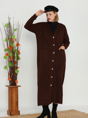 Kahverengi Düğmeli Cepli Uzun Fitilli Tam Boy Triko Pardesü Hırka