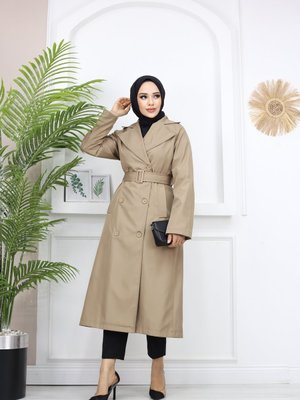 Kruvaze Yaka Uzun Fleto Cepli Trençkot