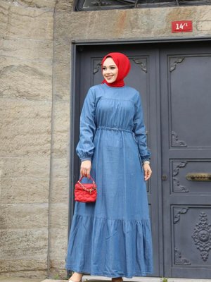 Bel Detaylı Açık Lacivert Kot Elbise