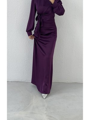 Büzgü Ve Düğüm Detaylı Saten Abiye Elbise Mor Büzgü Ve Düğüm Detaylı Saten Abiye Elbise Mor