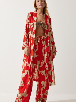 Oranj Bej Desenli Viskon Kimono Palazzo Pantolon Takım