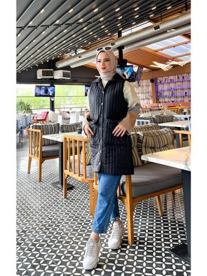 Ahenk Kapitone Cepli Kolsuz Yelek Siyah