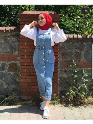 Düğme Detaylı Slopetli Kot Elbise