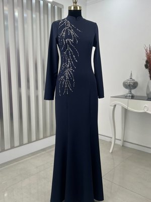 Taşlı Bahar Abiye Elbise Lacivert