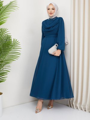 Ariyana Şal Yaka Abiye Elbise Petrol