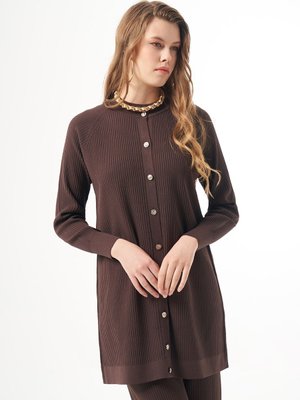 Merserize Çizgi Detay Düğmeli Hırka Kahverengi