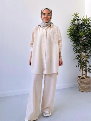 Bol Kesim Keten Takım Bej