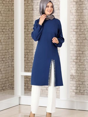 Taş Detay Yırtmaçlı Tunik İndigo Design