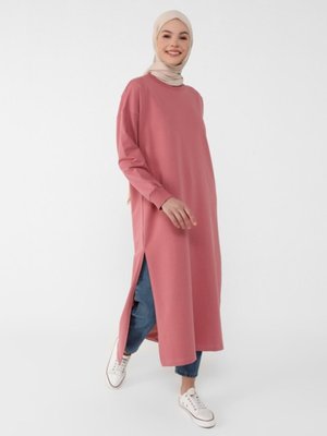 Yırtmaç Detaylı Basic Uzun Tunik Koyu Gül