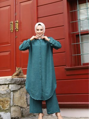 Yazlık Gömlek Yaka Önü Düğme Detaylı Keten Kumaş Tunik Pantolon Büyük Beden Takım