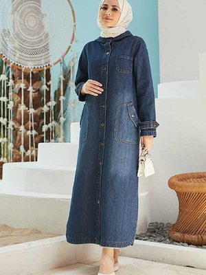 Kapşonlu Denim Kap Koyu Mavi