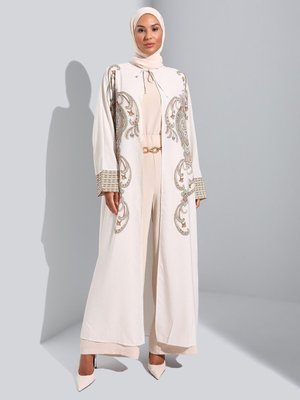 Yakası Bağcıklı Şal Desenli Abaya Ferace Kahverengi