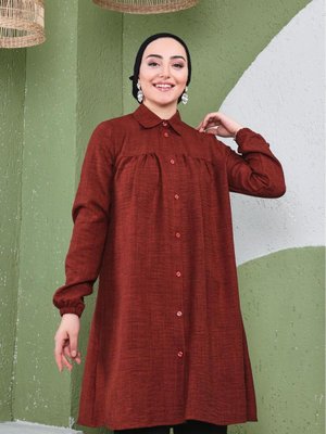 Önü Büzgülü Kolu Lastikli Keten Tunik Gömlek
